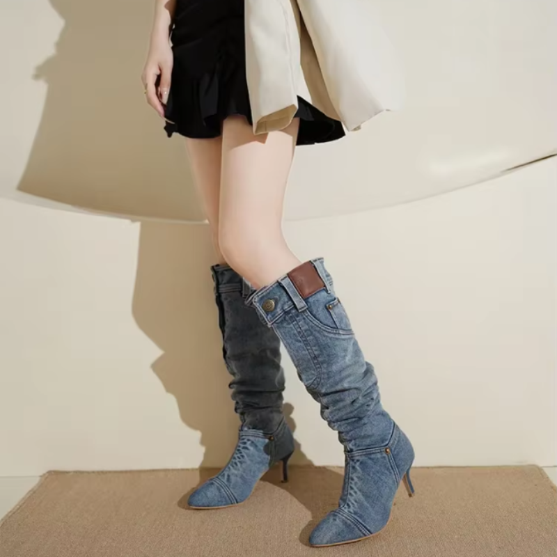 Tidlösa Twill Lårhöga Stövlar