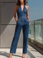 Ärmlös Hel Denimoverall med Amerikansk Halsringning och Vida Ben