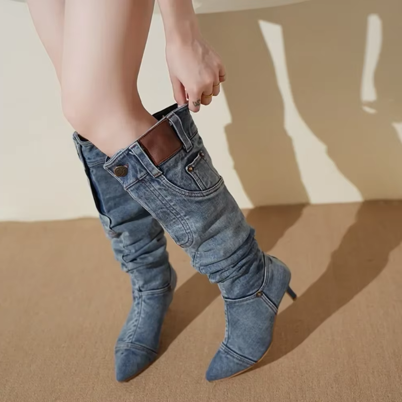 Tidlösa Twill Lårhöga Stövlar