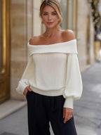 Off-Shoulder Stickad Tröja med Nedvikt Krage