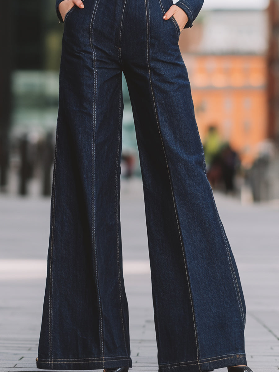 Skräddarsydd Denimoverall med Vida Ben och Långa Ärmar