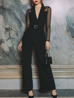 Svart Skräddarsydd Vidbenad Jumpsuit med Bälte och Nätärmar